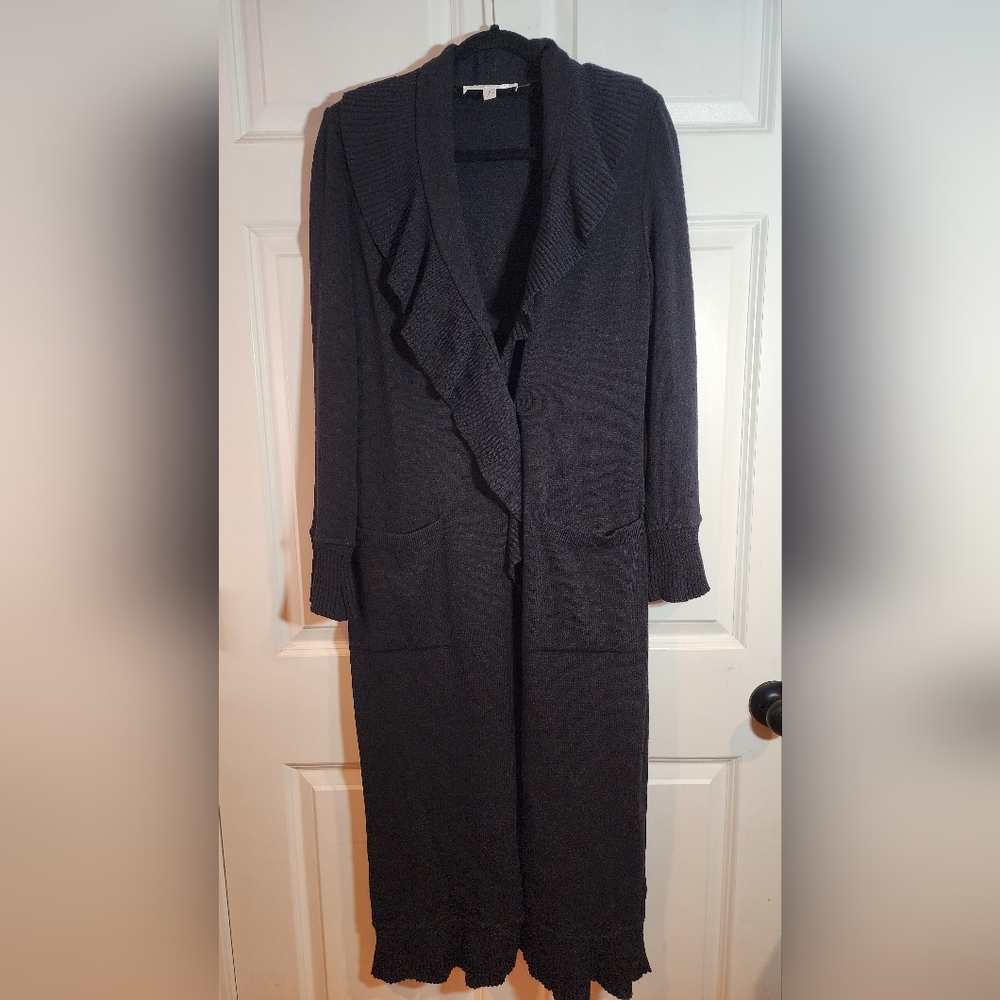St. John Marie Gray Black Heavy Ruffle Front Knit Long Cardigan Sweater Size 6